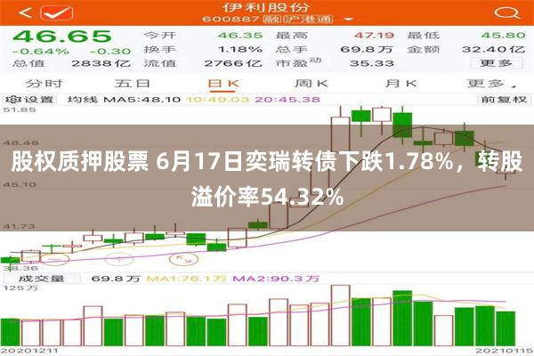   股权质押股票 6月17日奕瑞转债下跌1.78%，转股溢价率54.32%